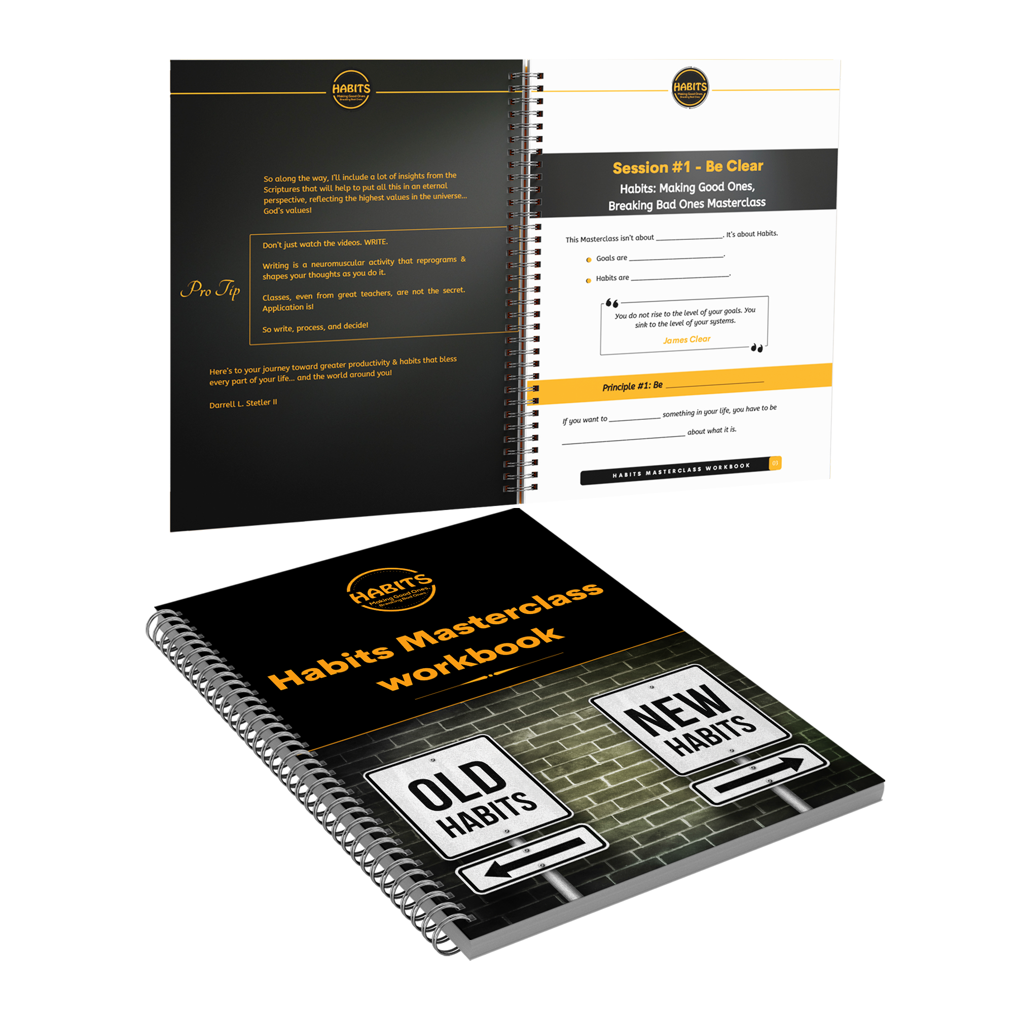 Habits Masterclass workbook cover and Session 1 practice pages